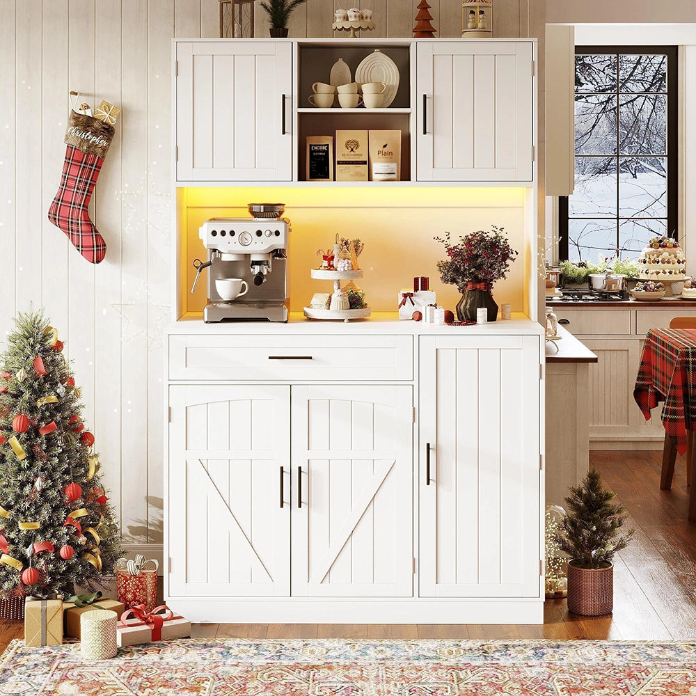 Armadio laterale per cucina - Xylo - 110x38x180cm - Bianco - Stile cottage, 5 porte, LED e presa elettrica