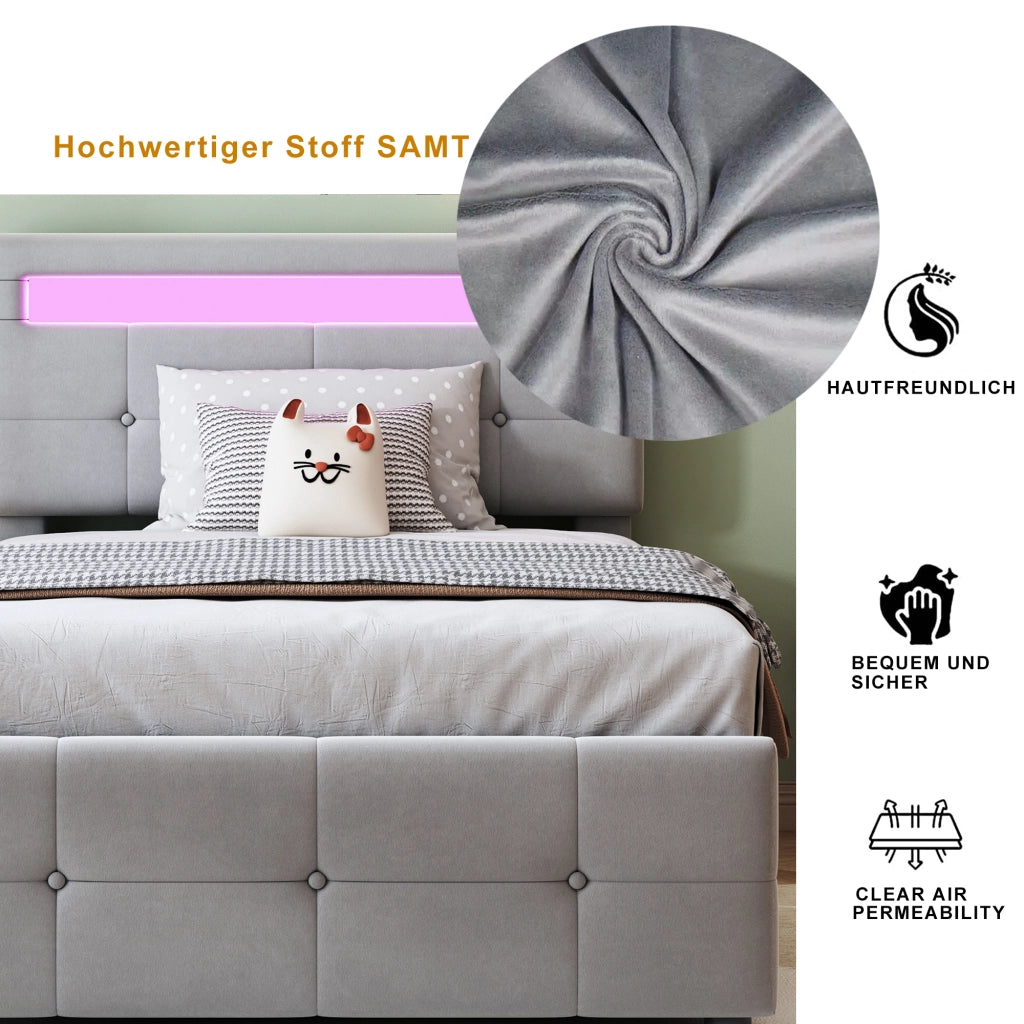 DESMIU Letto contenitore 90 × 200 cm 1 posto con LED, vano idraulico, testiera regolabile, senza materasso, in velluto, grigio