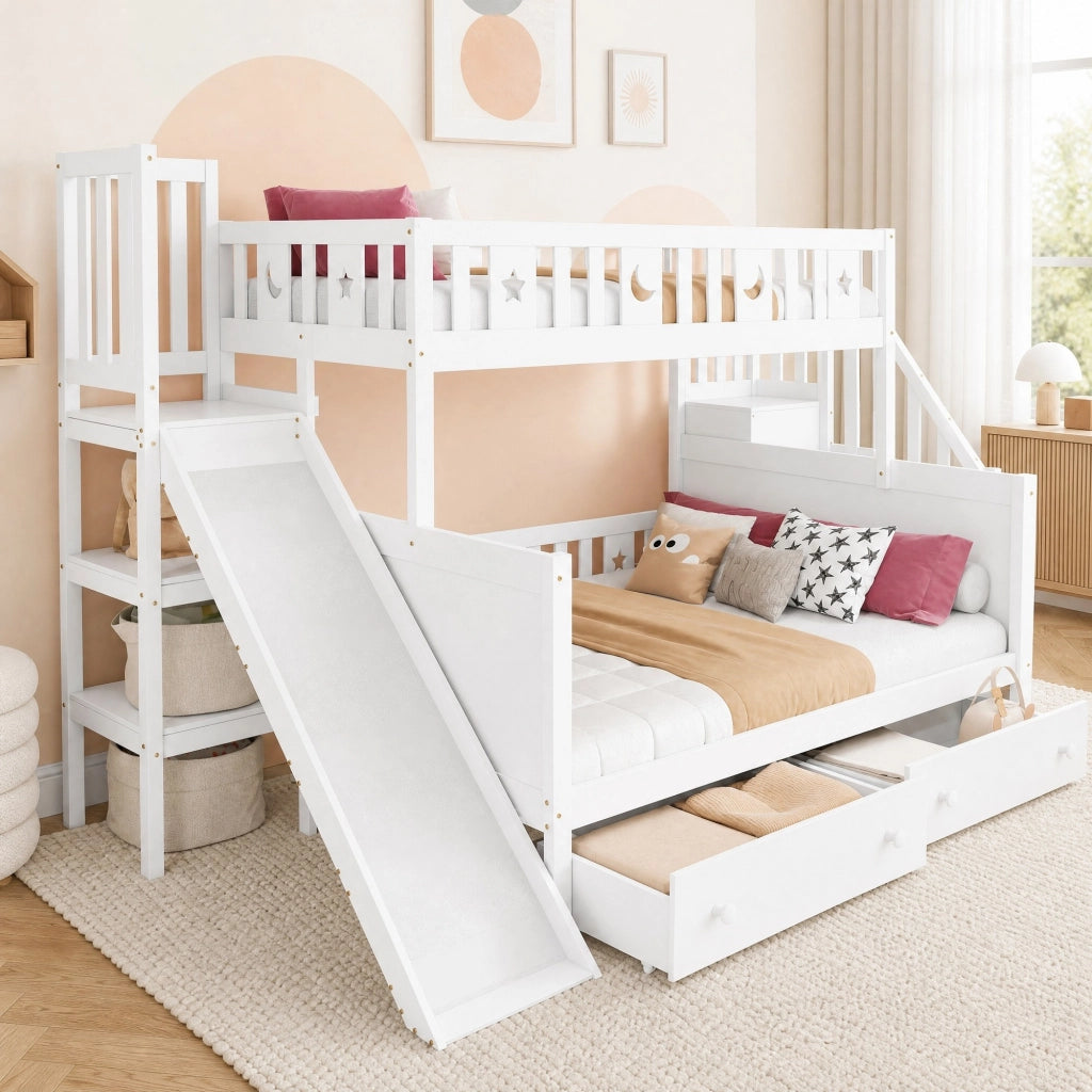 Letto a castello per bambini con scivolo e scala di sicurezza; 90x200/140x200 cm; bianco in legno