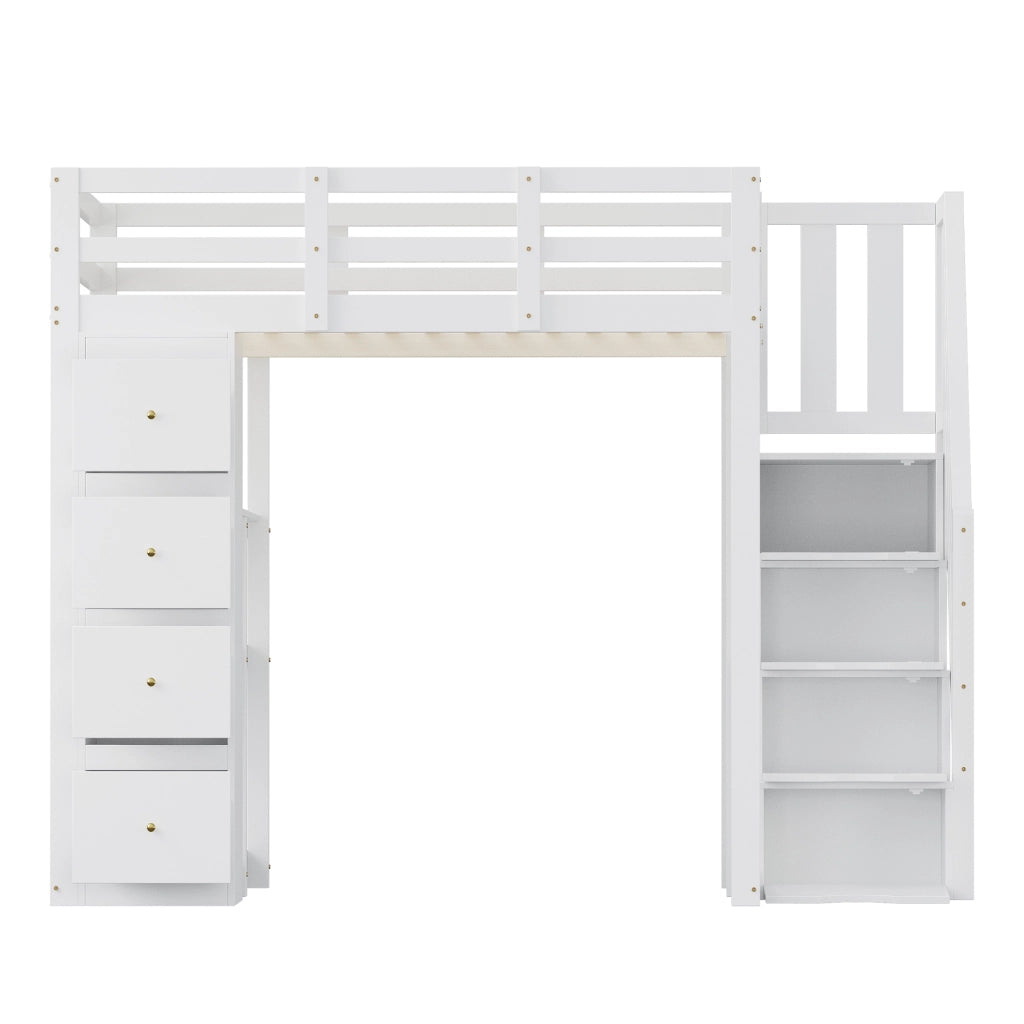 Letto a soppalco 90×200 cm e 140×200 cm con 4 cassetti; ripiani e scala; senza materasso; legno; bianco