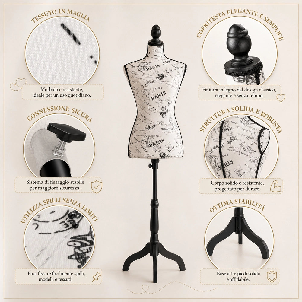 Manichino Sartoriale Femminile con 50 Spilli Modello Paris Sartoria Donna in Schiuma PE Bianco e Nero