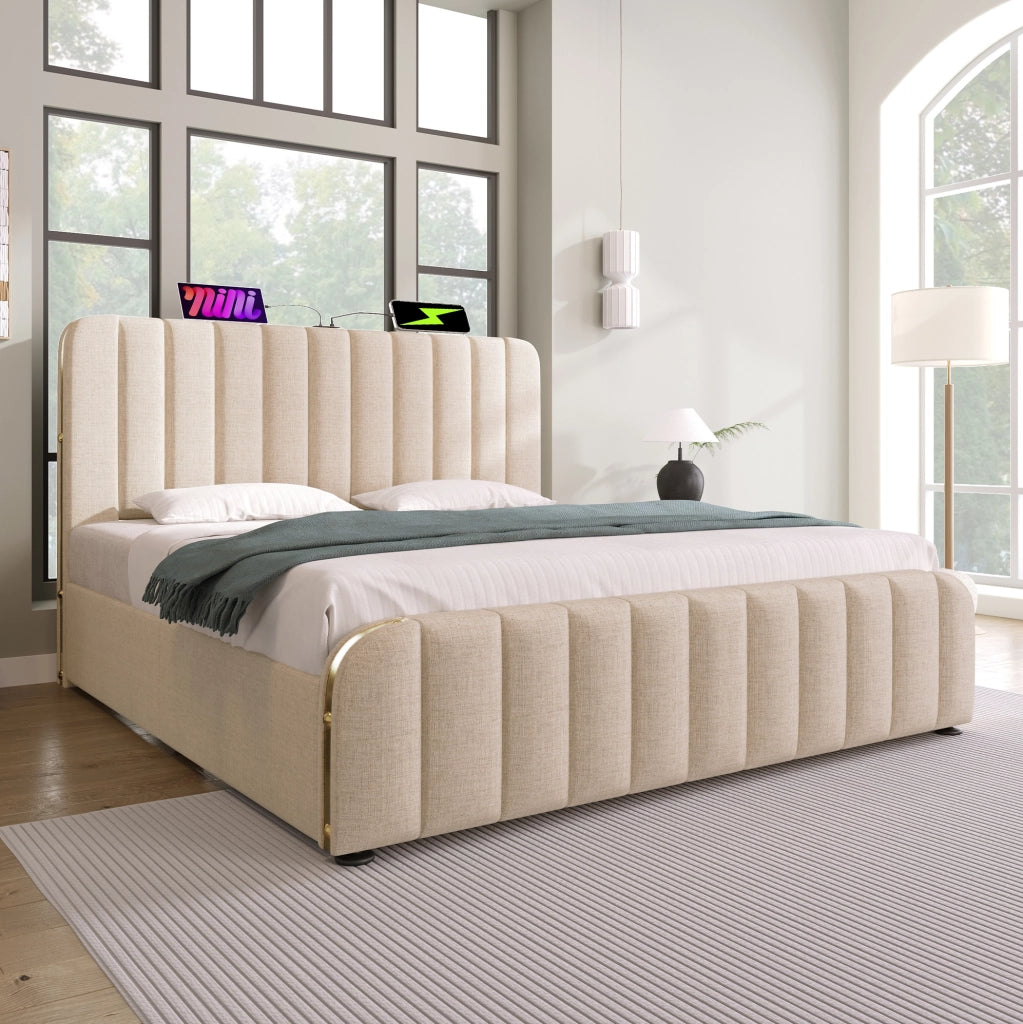 Letto contenitore imbottito 140x190 cm beige con USB e Type-C