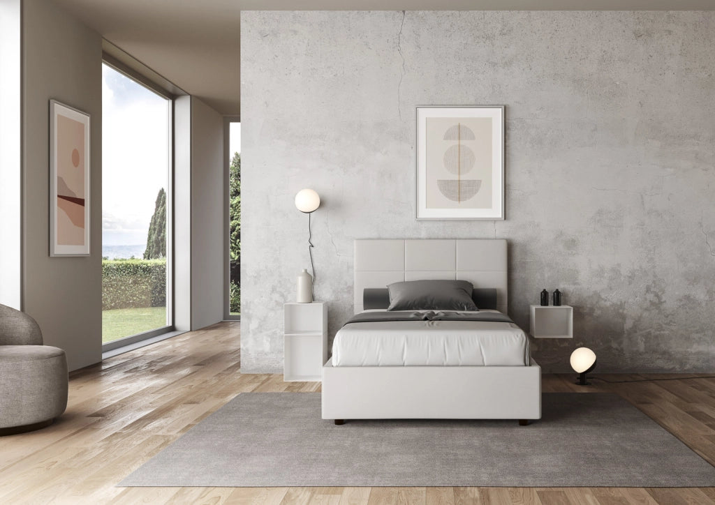 BS COM Letto una piazza e mezza con rete imbottito 130x200 similpelle bianco