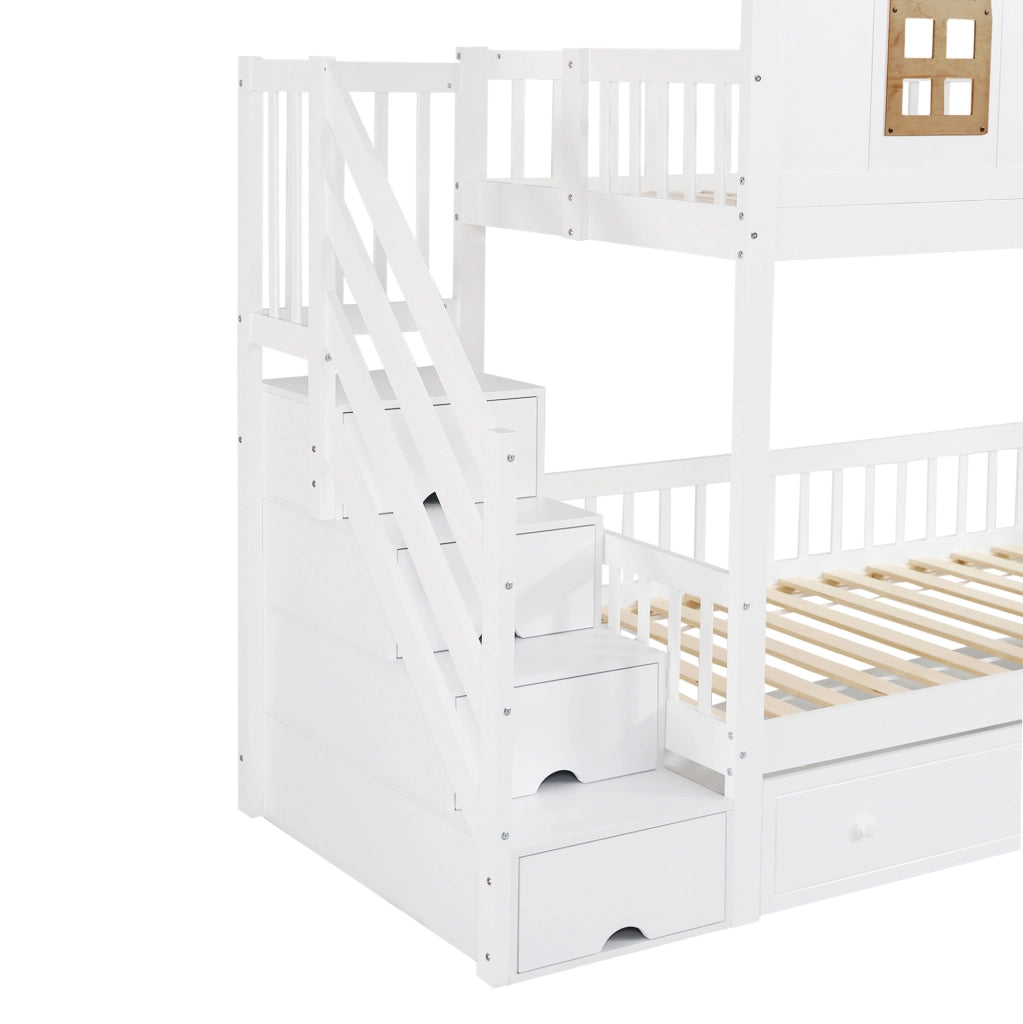 Letto a castello per bambini 90x200 cm con scala contenitore e 2 cassetti