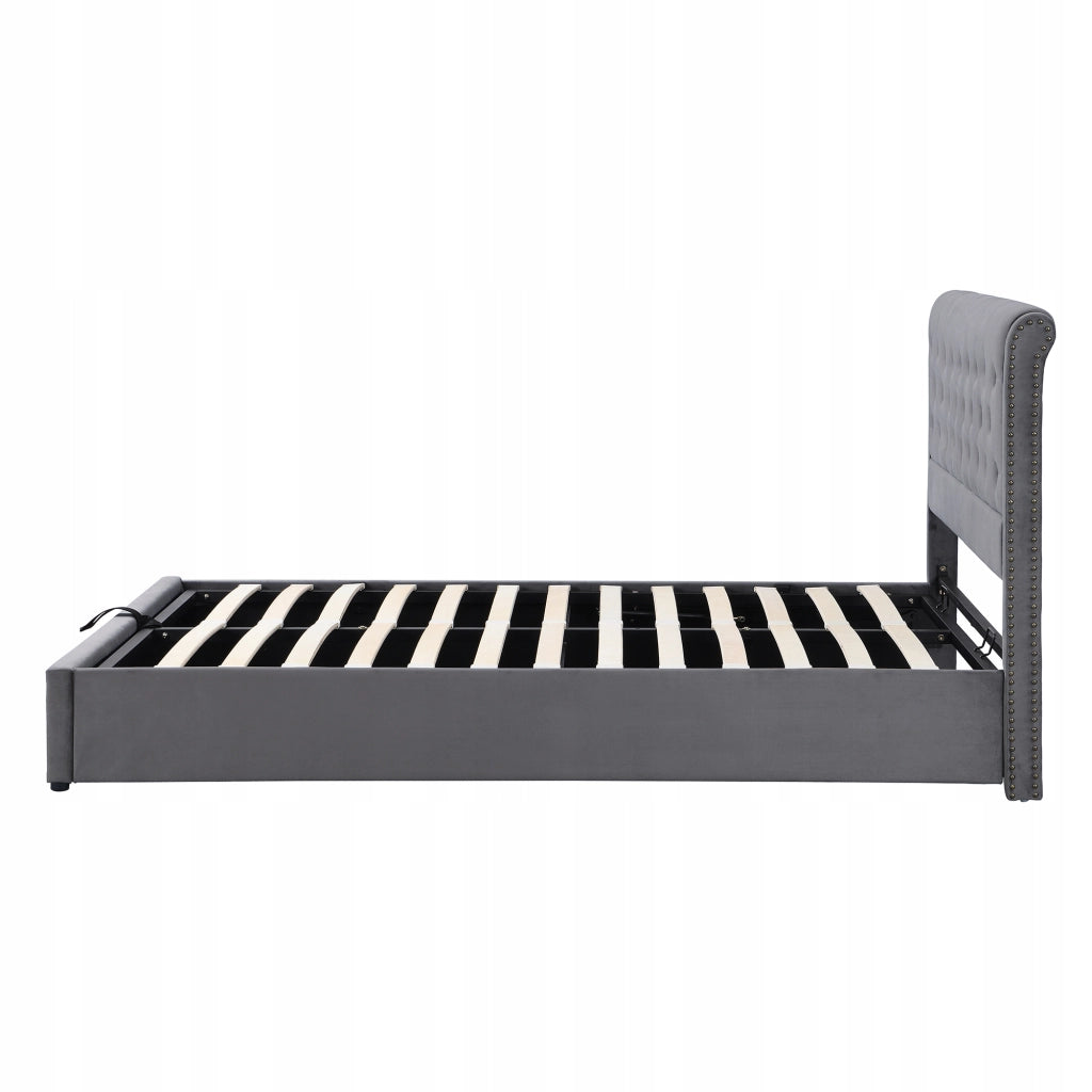 Letto 140x200 cm - Xylo - Velluto, Idraulico, Rivetti, Grigio