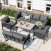OKWISH Set da 6 Pezzi da Giardino con 1 Divano Grande, 2 Divani Piccoli, 2 Poltrone e 1 Tavolo, Metallo Legno Grigio