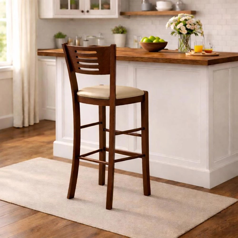 Sgabello verona in legno noce scuro h 73 con seduta imbottita beige