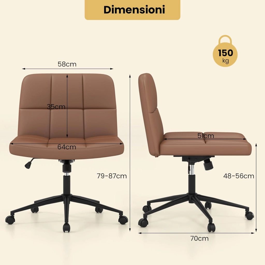 Sedia da Ufficio con Ruote, Sedia Scrivania a Gambe Incrociate Rivestita in Pelle PU, Sedia Ufficio con Altezza e Regolabile Regolabile, Sedai senza Braccioli, Portata 150 kg (Marrone)