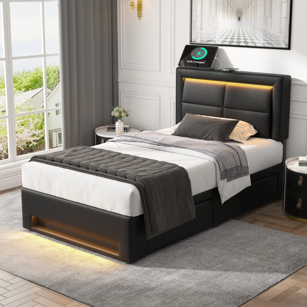 LETTO imbottito 90x200 cm nero in PU con USB, LED e 4 cassetti