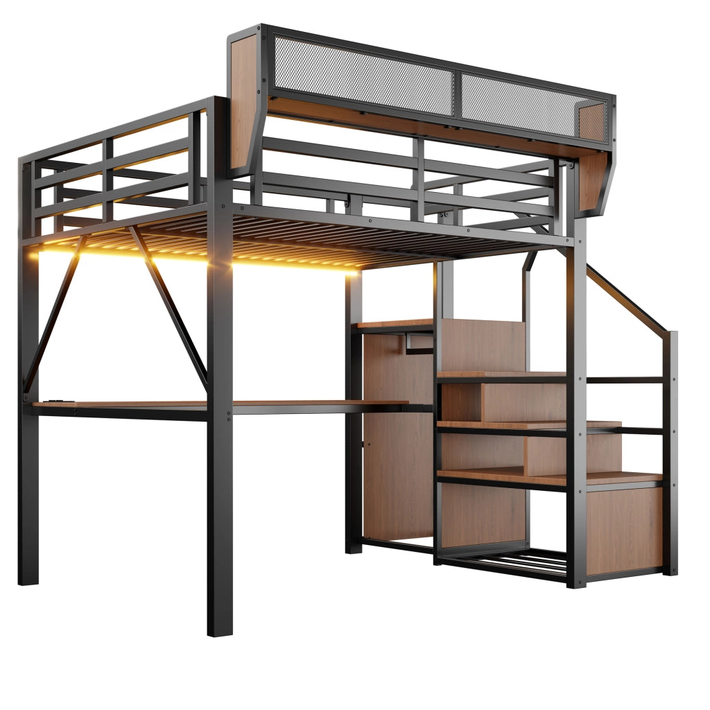Letto a soppalco matrimoniale con striscia LED; scrivania da 200 cm; scala di sicurezza e scaffale flessibile 140 × 200 cm; senza materasso