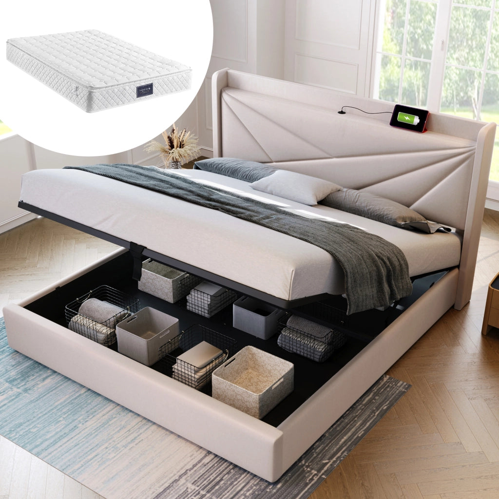 letto imbottito cotone lino beige 140x200 cm