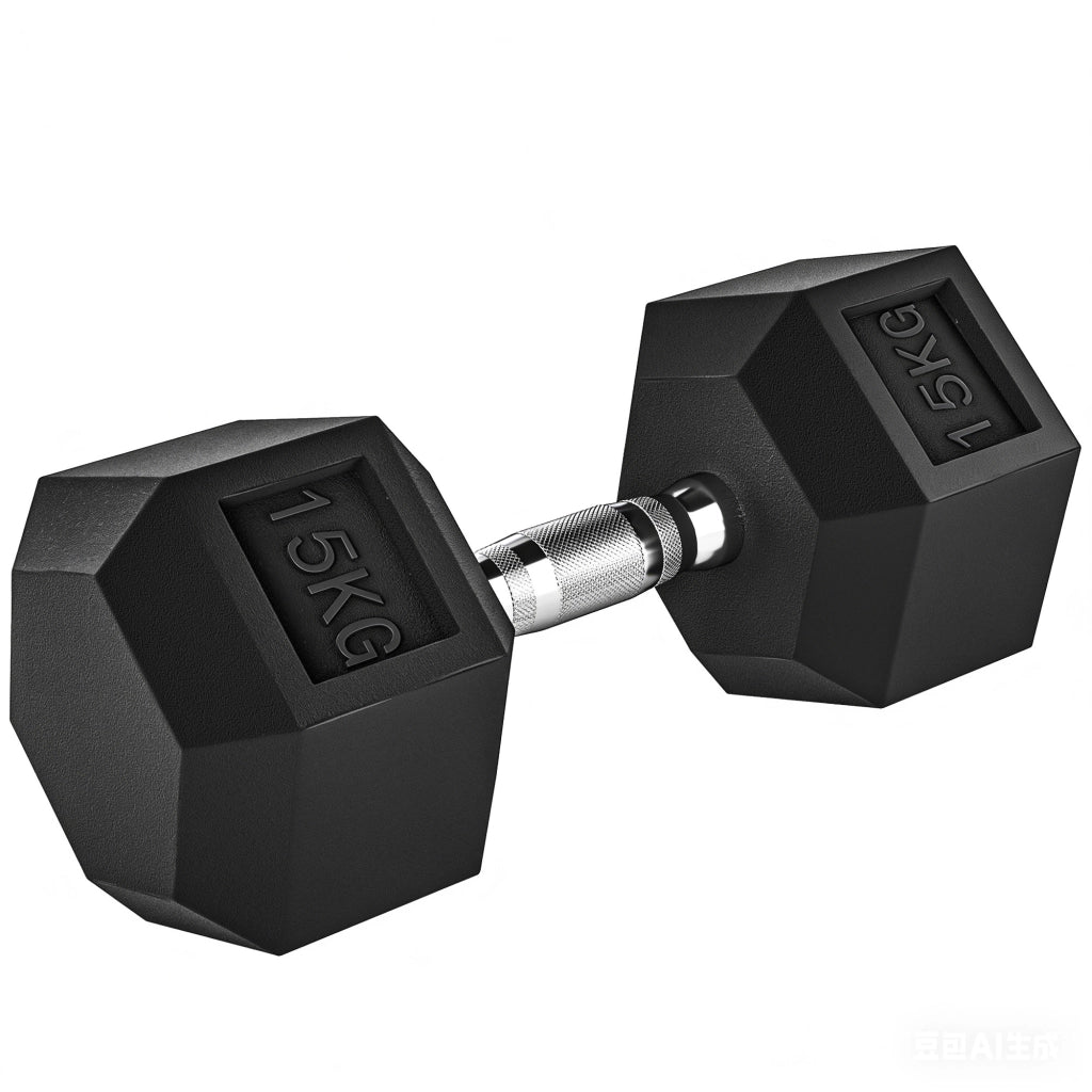 Manubrio 15 kg Esagonale con Impugnatura Antiscivolo. in Acciaio e Gomma. ?15.5 x 33.6 cm. Nero