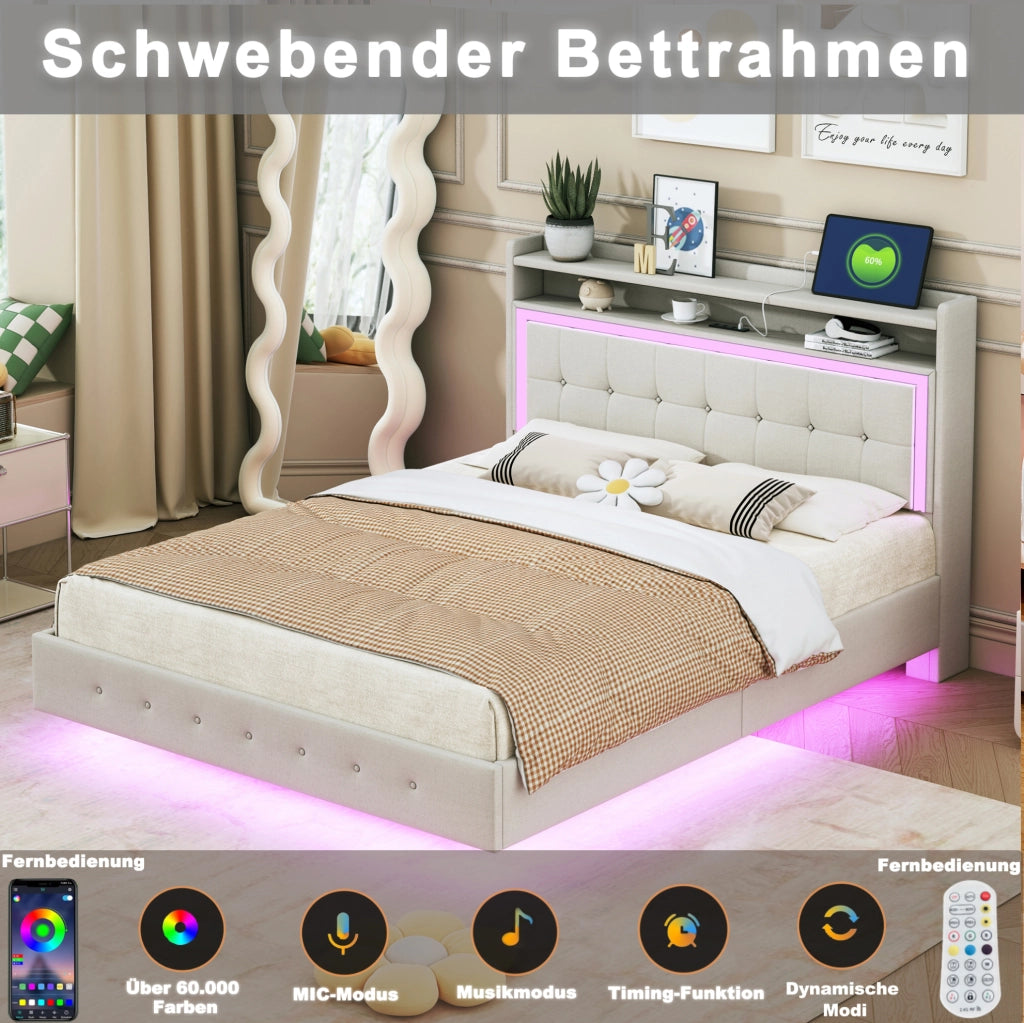 Letto matrimoniale imbottito 140x200 cm con USB e luci LED; lino beige