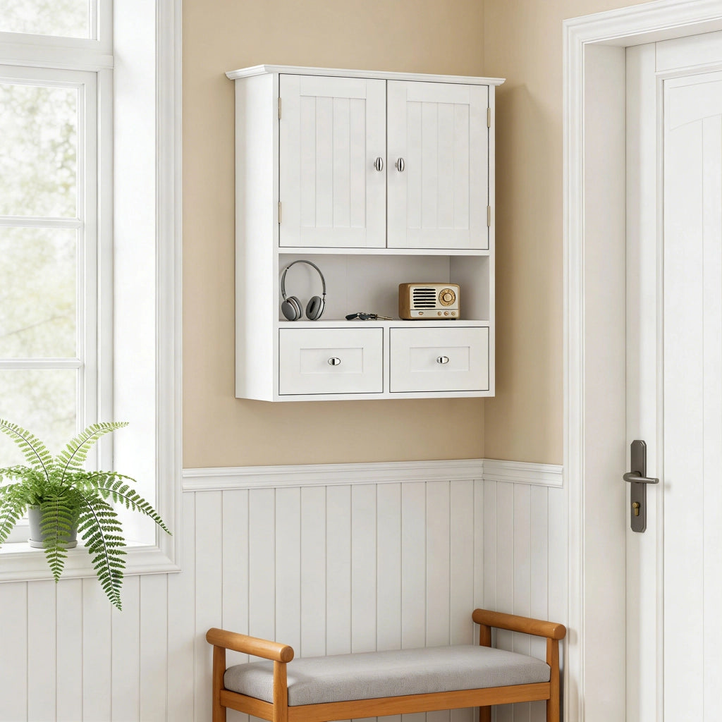 Armadietto da Bagno Sospeso con 2 Ante e 2 Cassetti ¨C zephmum ¨C 50.8x17.8x66 cm Bianco