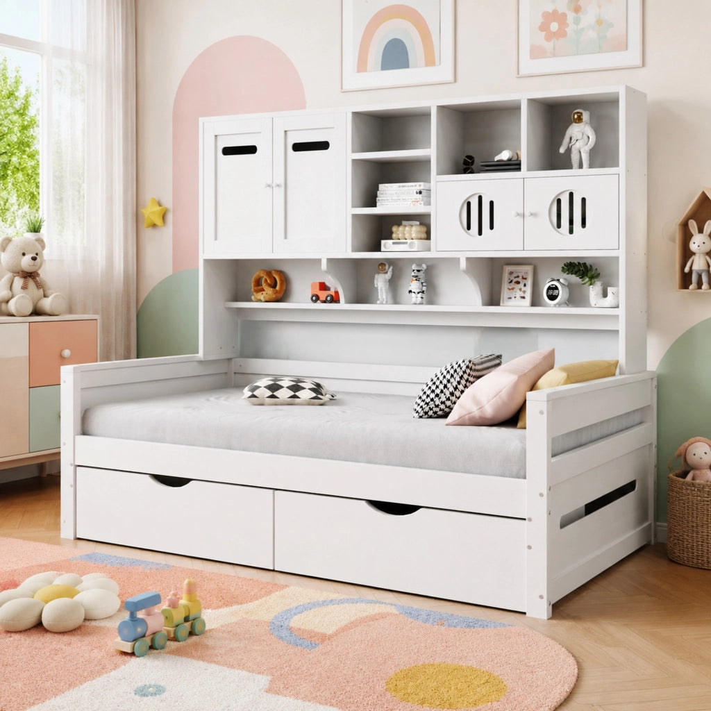 Letto multifunzione 90 x 200 cm in legno con ampio spazio contenitivo, 2 cassetti grandi, struttura bianca, senza materasso