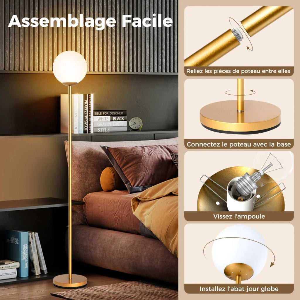 Lampada da terra moderna 25 x 25 x 165 cm con interruttore a pedale e paralume in vetro e metallo color oro 20_0019035