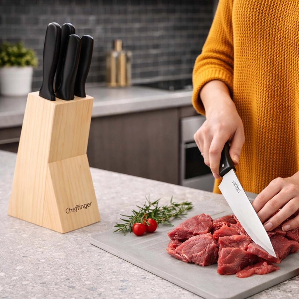 Set Coltelli 6 pezzi Inox con Blocco Portacoltelli in Legno Manici Ergonomici Nero / Argento Cheffinger