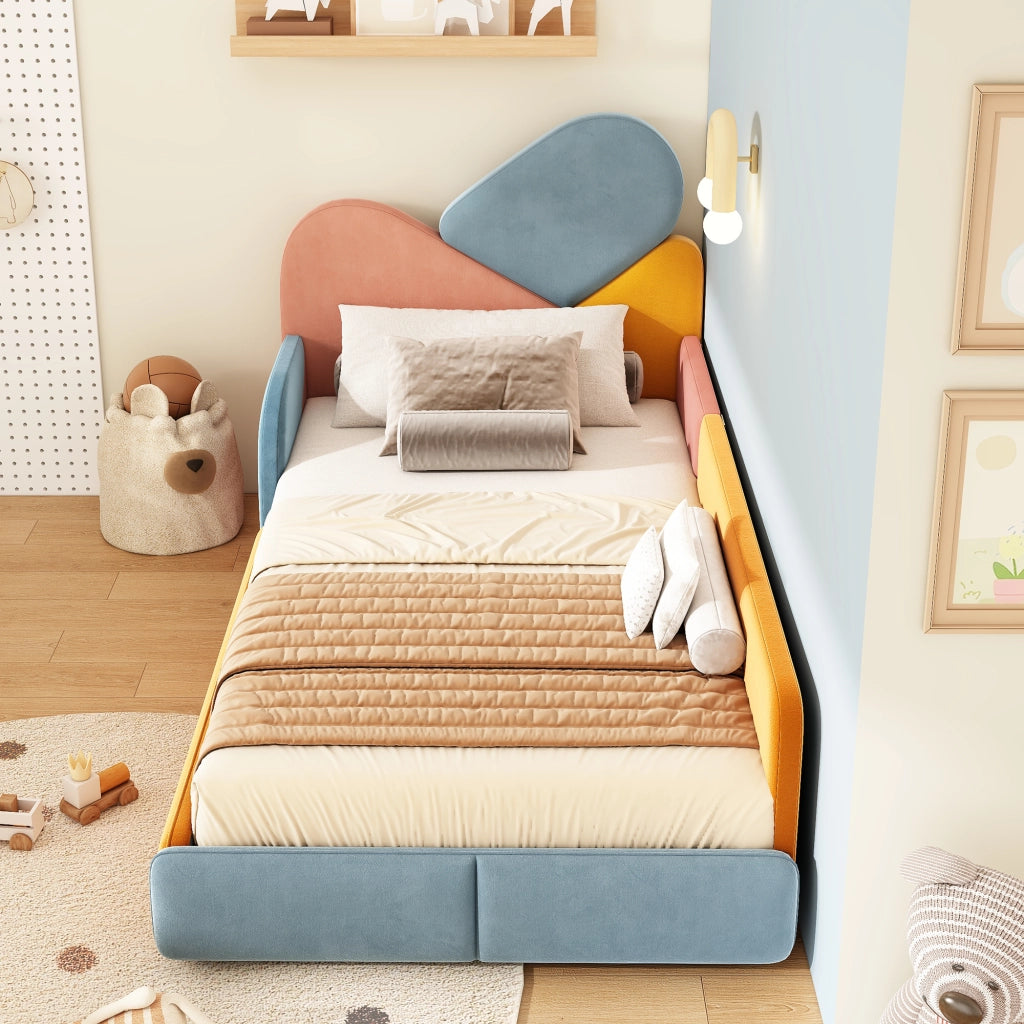 Letto imbottito per bambini 90x200 cm, patchwork multicolore, con sponde laterali rialzate, velluto