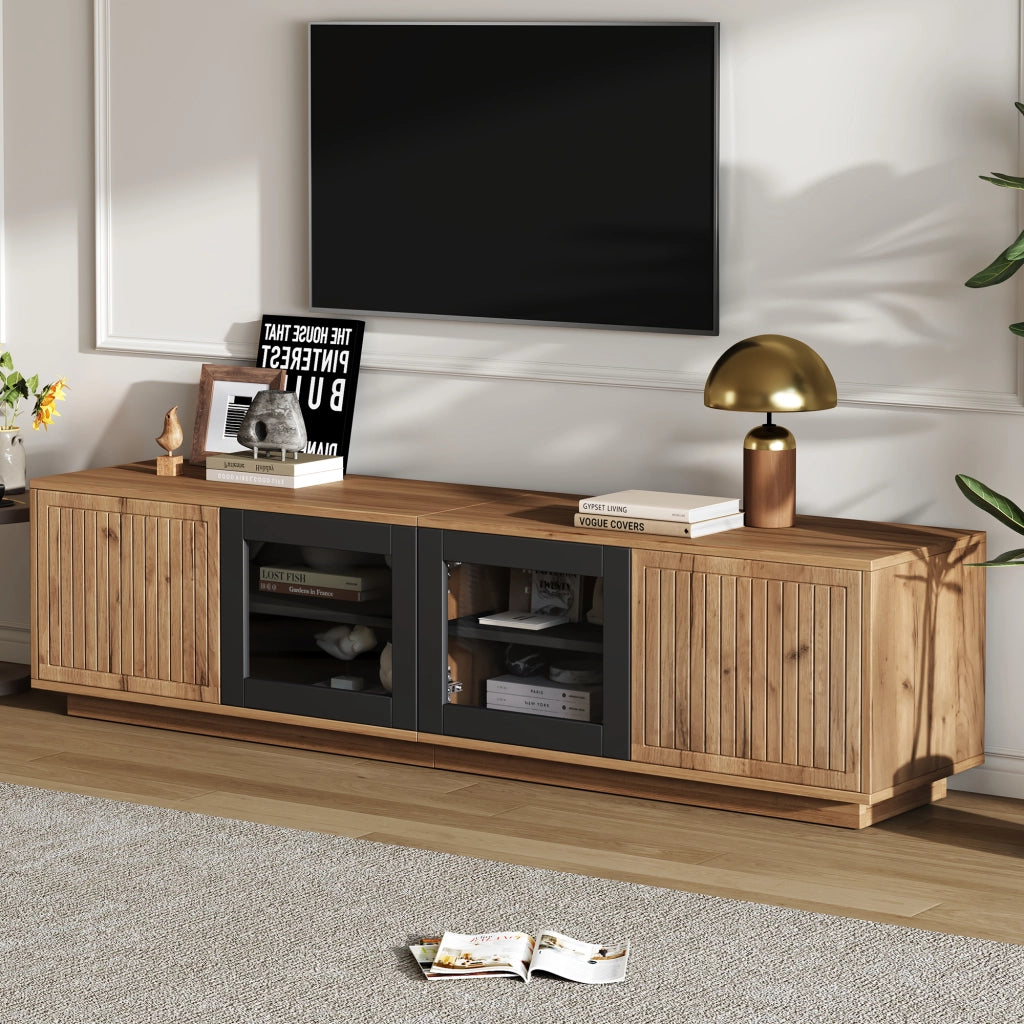 Mobile TV 180 x 40 x 45 cm in pannello truciolare, colore naturale e nero, con ante in vetro temperato e illuminazione LED