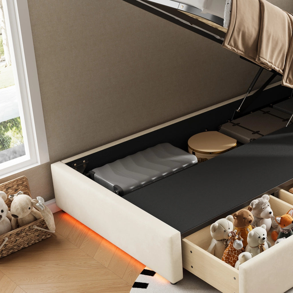Letto imbottito con contenitore, 3 cassetti e LED 90x200 cm beige