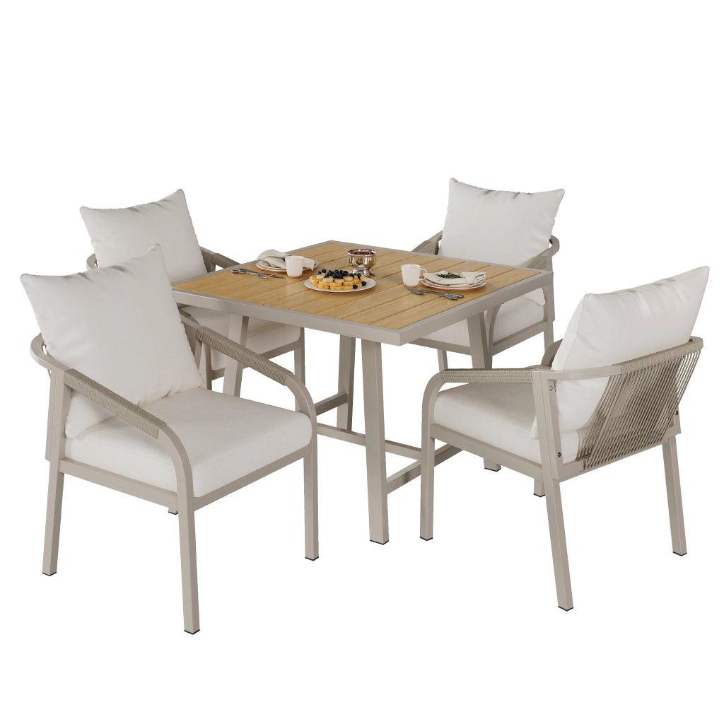 Set pranzo giardino 4 persone: 1 tavolo + 4 sedie; acciaio zincato; legno-plastica; design corda; kaki/beige