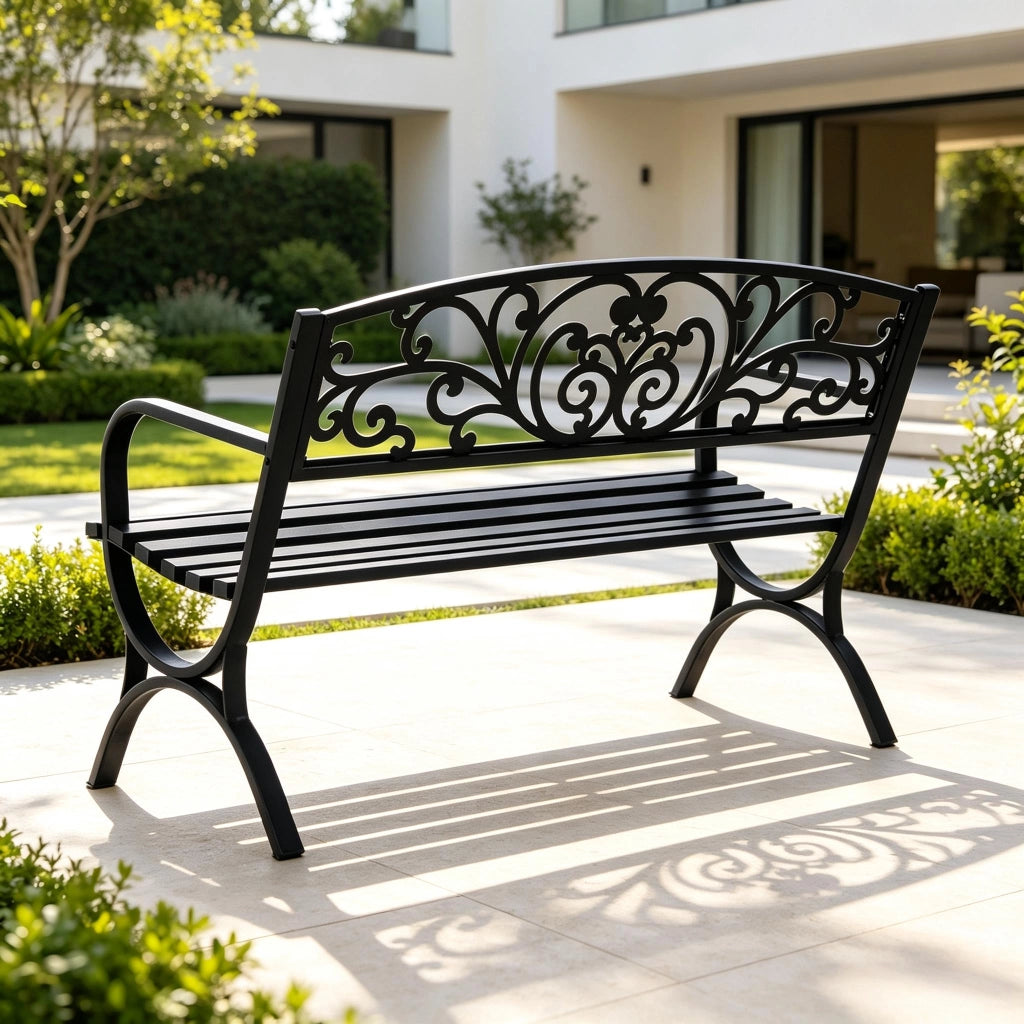 Elegante panchina da esterno, panchina da giardino con schienale ornamentale, panchina elegante (solo panchina)