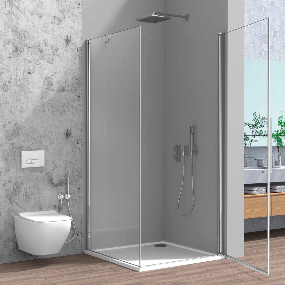 Box doccia angolare 80x80 in vetro temperato trasparente battente con profili cromo Neos
