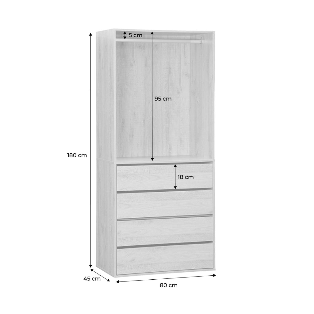 Modulo guardaroba con 4 cassetti e 1 spazio appendiabiti, bianco