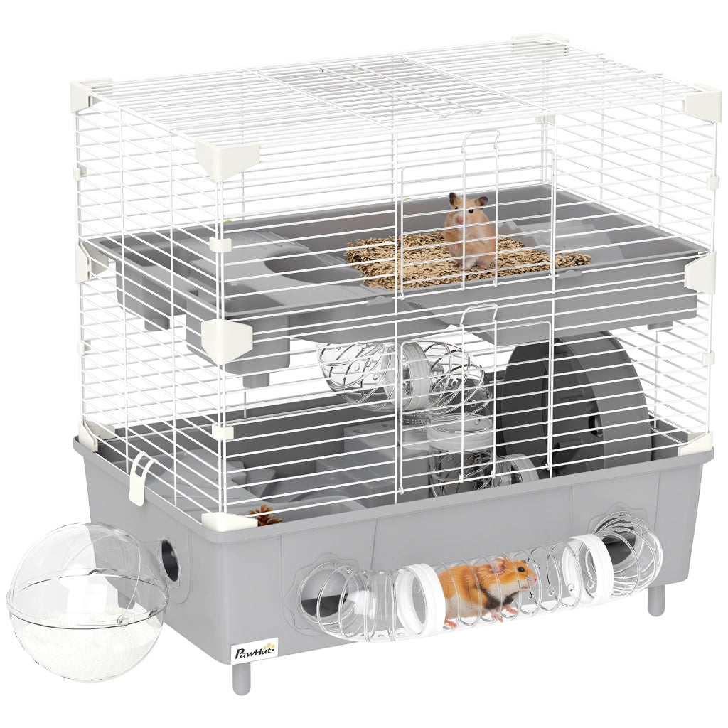 Gabbia per criceti a 2 piani con ruota e vasca sabbia ¨C Xylo ¨C 44,5x28x44 cm grigio