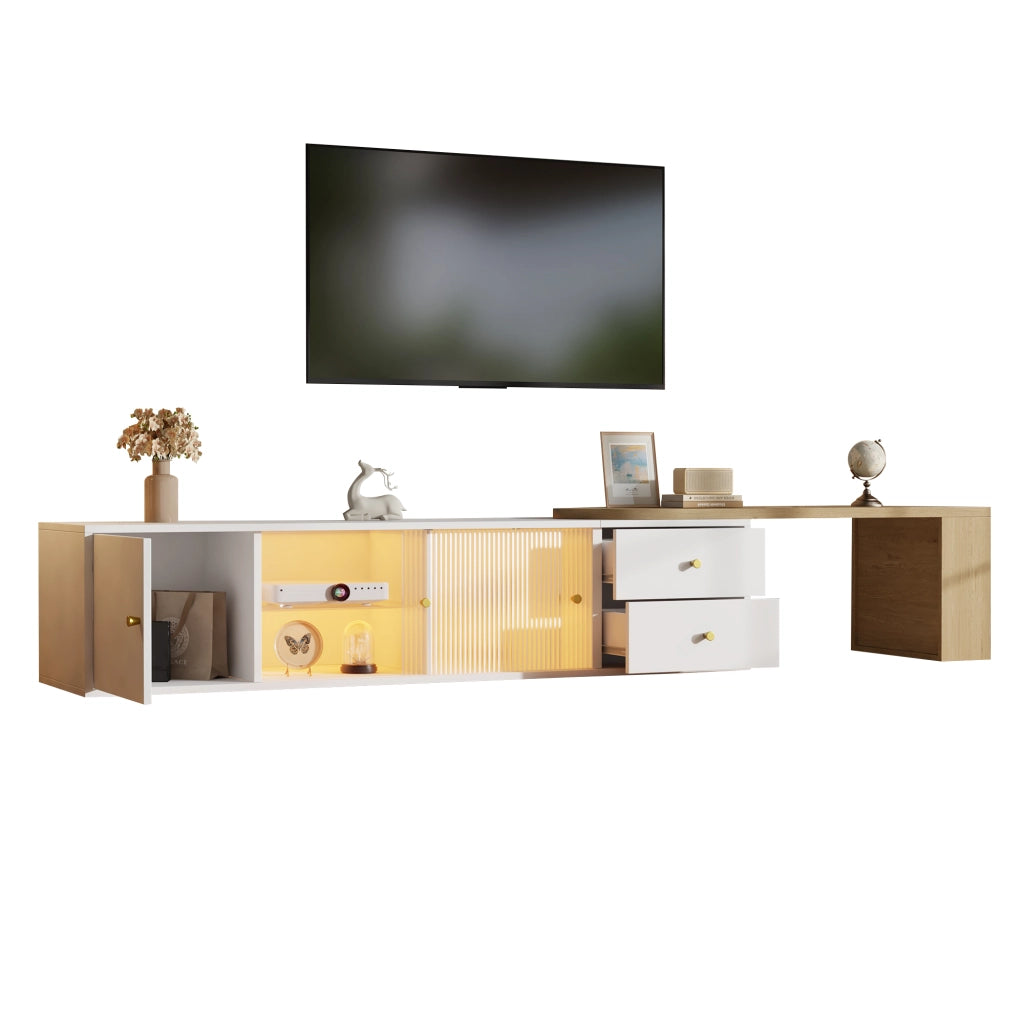 Mobile TV Estensibile 175x40x38 cm Bianco Legno con LED RGB, 2 Cassetti e Ante in Vetro Scorrevoli