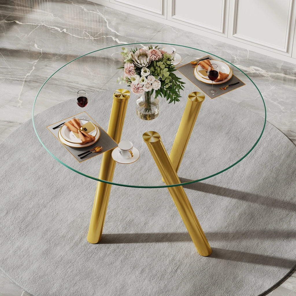 Tavolo da Pranzo Rotondo ¨C MINIMAL ¨C Vetro Temperato, Gambe in Metallo Oro, ?89 cm