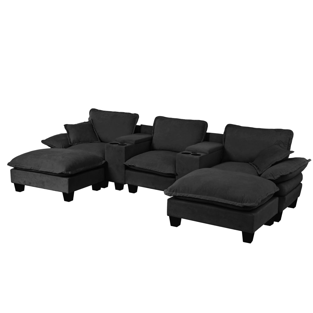 Divano Angolare Modulare U ¨C Xylo ¨C Nero, Chenille, con Ottomane, Portabicchieri e USB