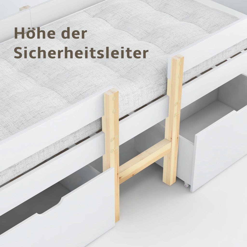 DESMIU Letto per bambini rialzato 1 posto con 2 cassetti e barriera 90 × 190 cm, senza materasso, legno massello bianco