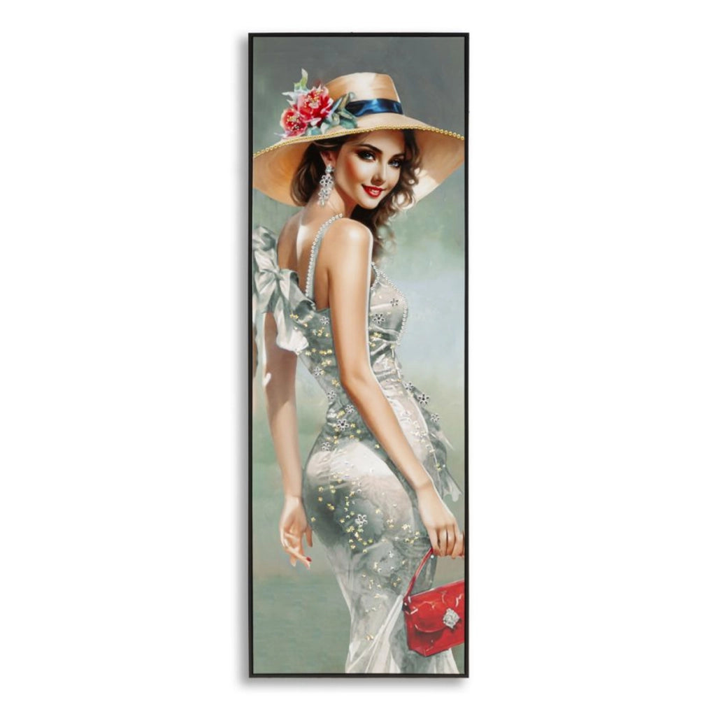 Dipinto su tela Elegant A dama con cappello e pochette rossa, 52x152 cm