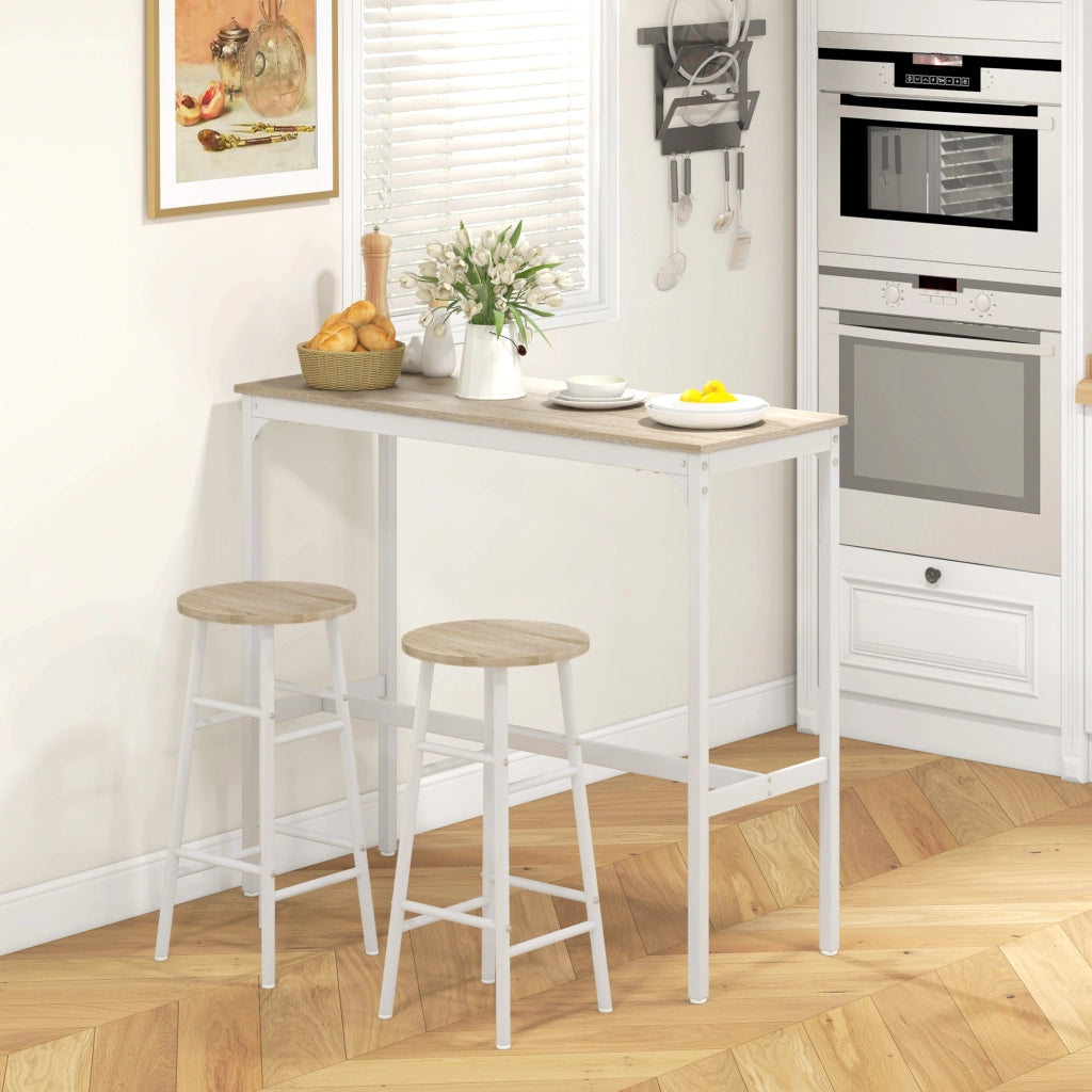 Set tavolo bar alto + 2 sgabelli con piano effetto legno naturale e telaio in metallo bianco per 2 persone
