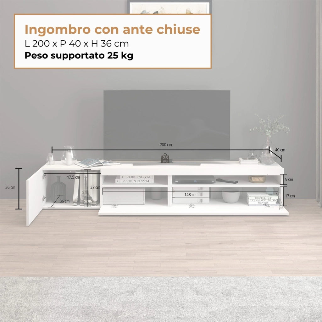 WHOUS Mobile porta tv Potenza con 2 ante e 2 vani bianco lucido 200x40x36 cm