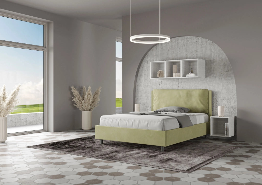 BS COM Letto matrimoniale francese con rete imbottito 140x190 microfibra tè verde Large