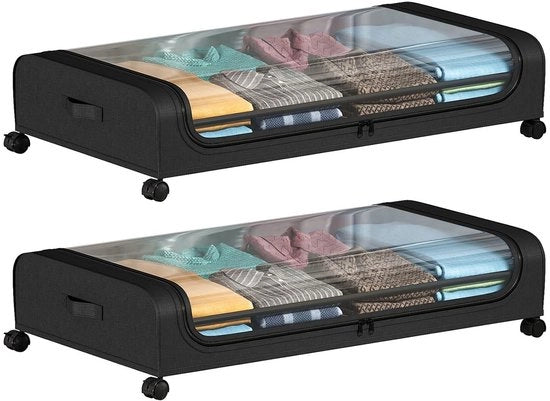 Cassa di stoccaggio con ruote - 2 pezzi - 80 x 44 x 18 cm - Cassetto sotto letto pieghevole - Finestra trasparente - Adatto per abbigliamento/scarpette/lenzuola - Cassa di stoccaggio