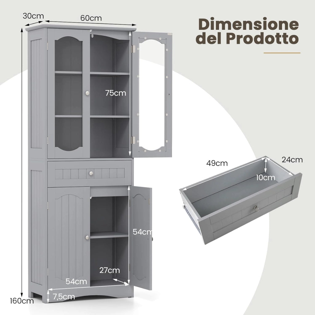 Armadietto Salvaspazio 60 x 30 x 160cm, Mobile Bagno con 2 Ripiani Regolabili, Cassetto e 2 Porte in Vetro Temprato, Armadio da Bagno per Ufficio, Soggiorno e Camera da Letto, Bianco (Grigio)
