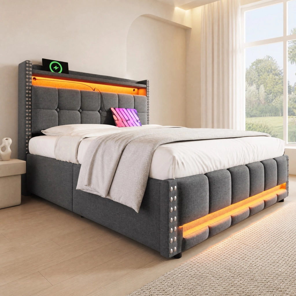 LETTO Imbottito matrimoniale 140x200 cm grigio con LED, USB e cassetti