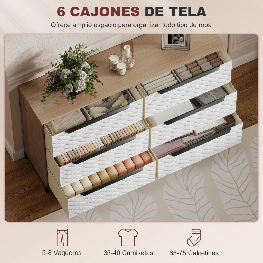 Cassettiera con 6 Cassetti Tessuto Diamante ¨C zephmum ¨C Naturale e Bianco