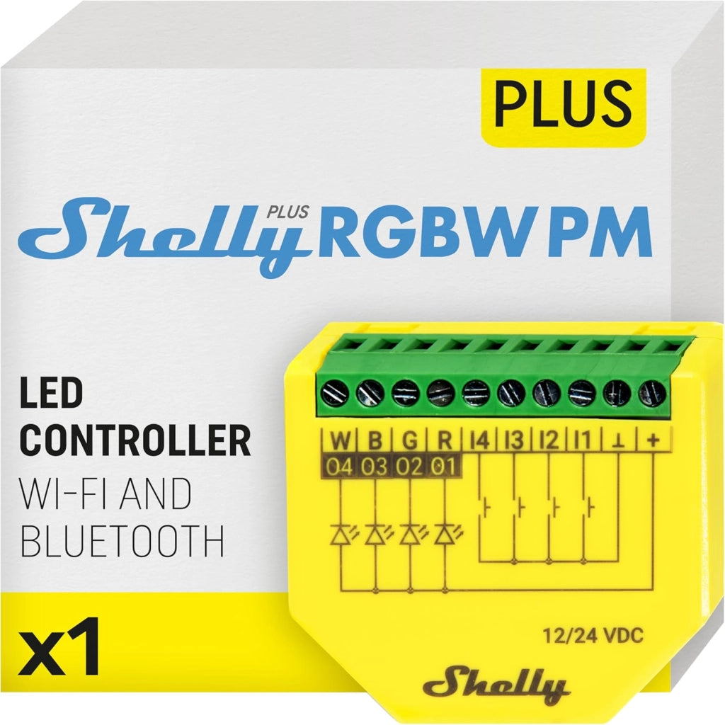 Shelly Plus RGBW PM. Modulo di Controllo RGBW per Strisce LED Wi-Fi e Bluetooth