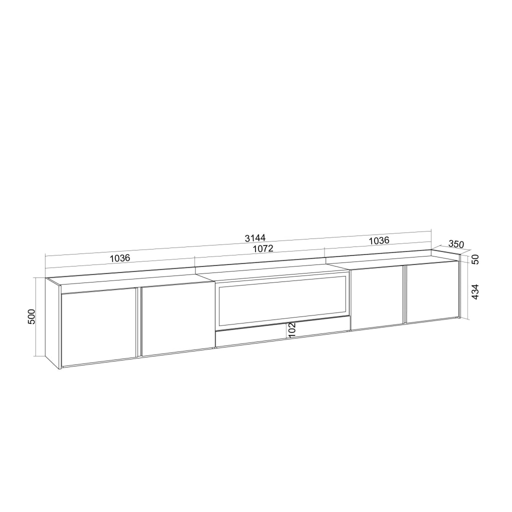 Mobile TV Soggiorno, 315x50x35 cm, Per TV fino a 80", Camino elettrico XXL, Led, Rovere e nero