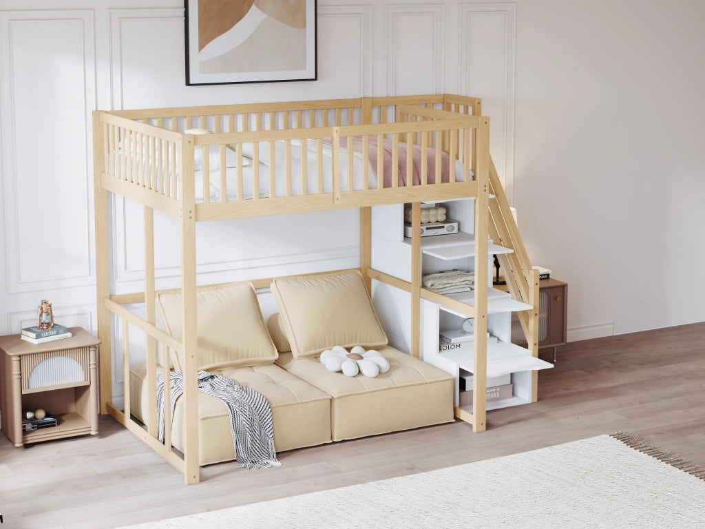 Letto a soppalco in pino massello con scala contenitore di sicurezza e recinzione; colore legno; 140x200 cm; senza materasso