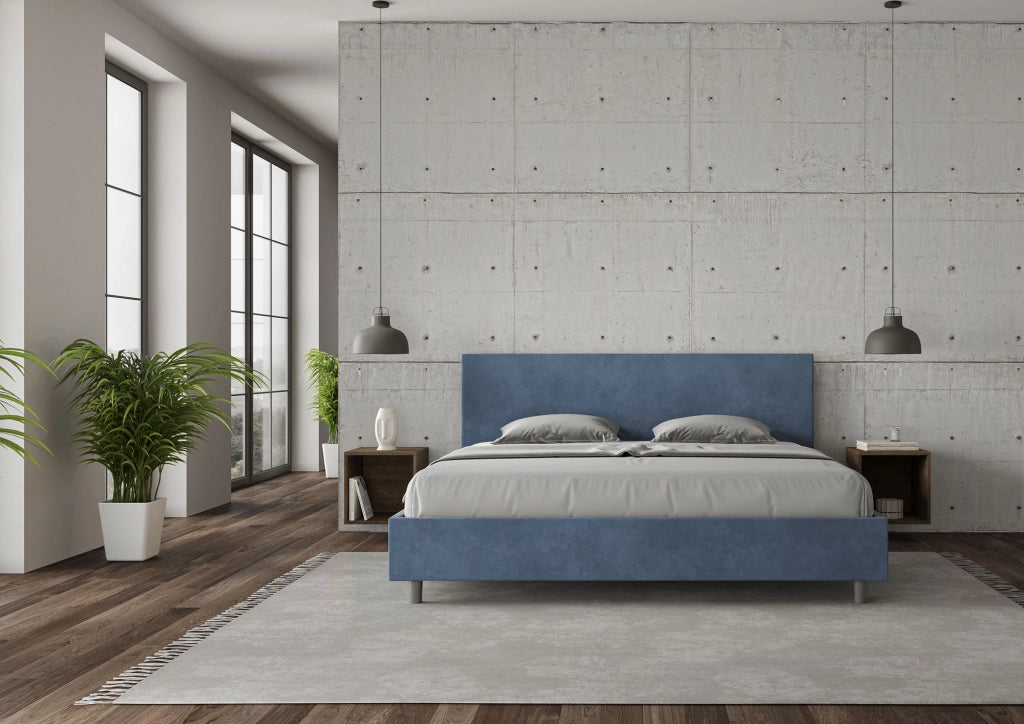 BS COM Letto matrimoniale king size contenitore imbottito 190x200 microfibra blu