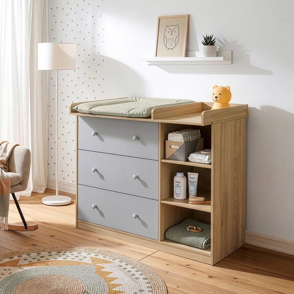 Cassettiera Beldinupp con Piano Fasciatoio Rimovibile 93 x 110 x 55 cm - Effetto Rovere / Grigio [en.casa]