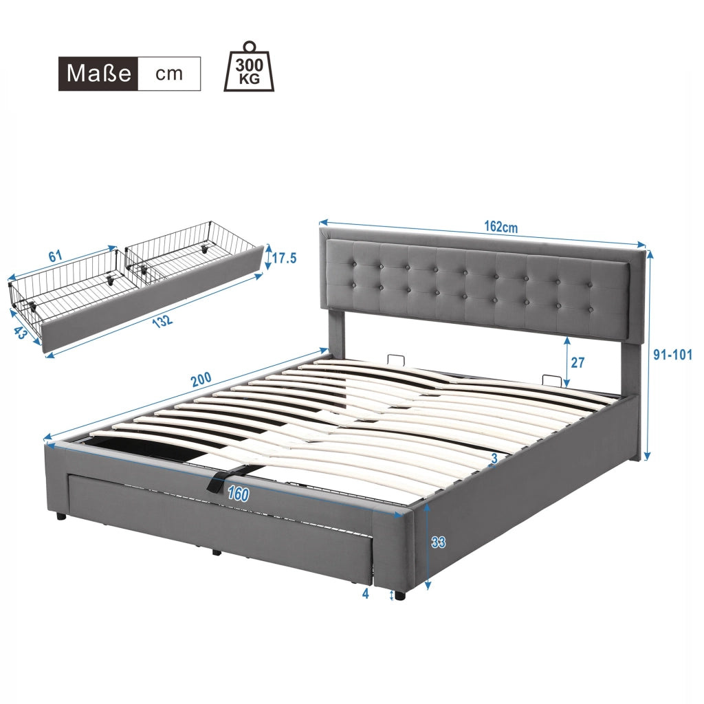 Letto contenitore idraulico con cassetti e testiera regolabile LEMONMAX; 160x200 cm; sommier a doghe; velluto; grigio
