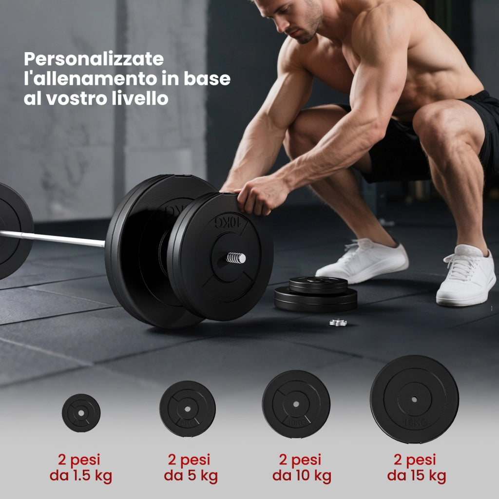 Set Bilanciere con Dischi 70kg ¨C Xylo ¨C 8 Pesi Acciaio Regolabile Antiscivolo 170x40.5cm Nero