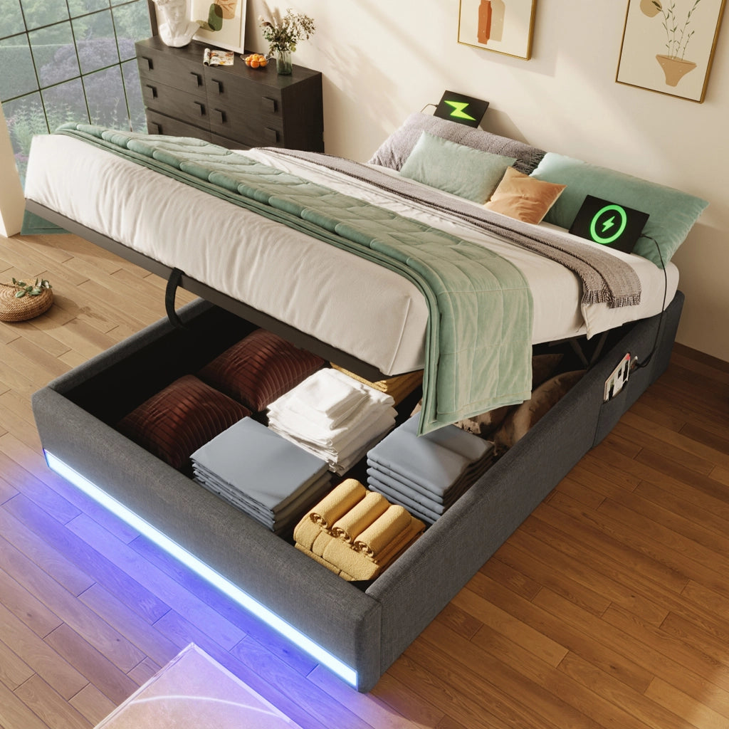 LETTO contenitore 90x200 cm in lino grigio con LED, USB e Type-C