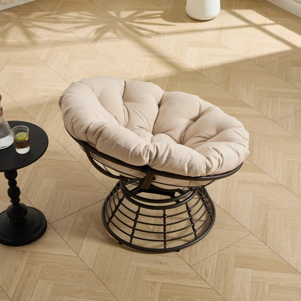 Chaise ergonomique confortable en osier papasan chaise int¨¦rieure ext¨¦rieure pivotante ¨¤ 360¡ã avec coussin ¨¦pais et doux id¨¦ale pour le salon la chambre la salle de lecture cadre marron avec coussin beige